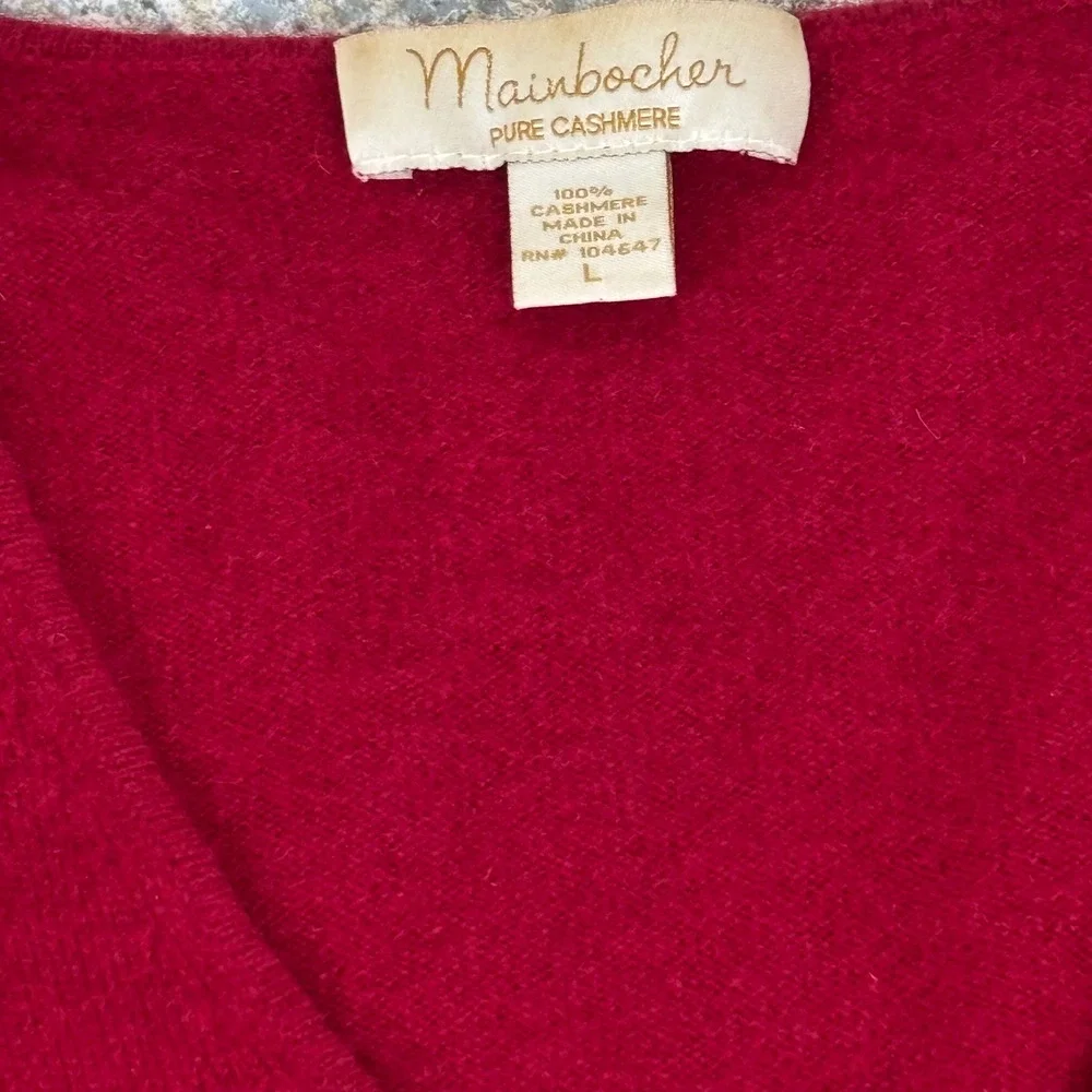 Mainbocher Sweater Womens L Red 100% Cashmere V-Neck Long Sleeve Knit Pullover